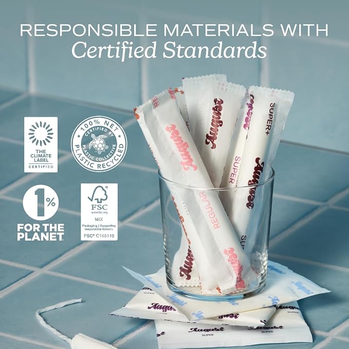 August Organic Cotton Tampons, 96 Light Tampons Made with Organic Cotton, Long Applicators, Non-Toxic, Fragrance-Free, Chlorine-Free, and Hypoallergenic (6 Boxes of 16/12 Boxes of 8)