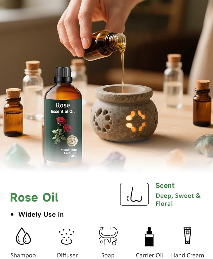 Rose Essential Oil, Floral Scent, Diffuser, Skin & Hair Care, 1.69 Fl Oz | Mumianhua Rose Oil, Steam-Distilled. Rich, Romantic Floral. For Face, Hair, Massage, Perfume & DIY
