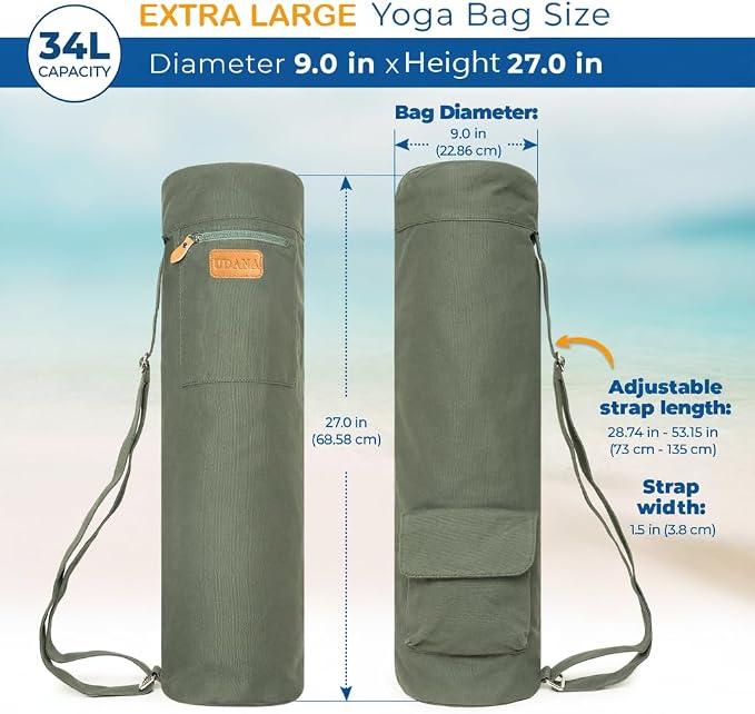 UDANA Canvas Yoga Mat Bag for Women & Men, Full-Zip Carrier with 3 Pockets & Adjustable Strap, Stylish Gym & Pilates Bag – Available in Multiple Sizes