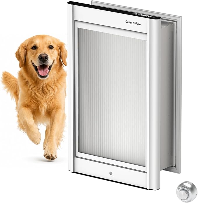 Automatic Dog Door for Wall, Smart Dog Door with Collar Sensor, L | aluminum, collar-activated, scheduled access, pet-only access, adjustable sensing range, anti-pinch, wall-mounted L, white