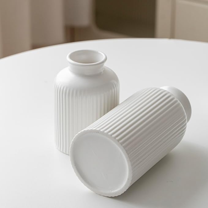 Large Modern Ceramic Vase Set, White Ribbed Matte Design, 10 Inch Tall, 4 Inch Width, 3-Piece Decorative Vases for Home, Living Room, Office (XL Matte Glaze White)