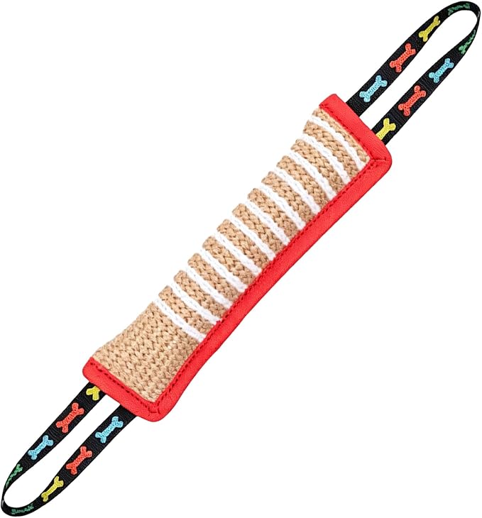 Tug Toy with 2 Strong Handles, Durable Pillow Pull Toy for Aggressive Chewers, Interactive Bite Training Tug of War Toy for Puppies and Medium to Large Dogs (Red-Rimmed Bone)