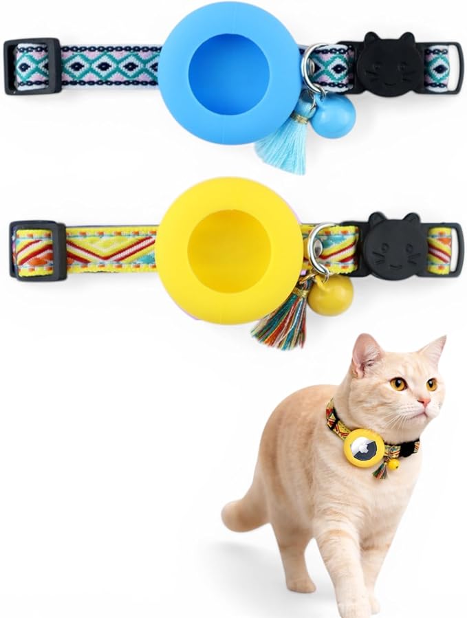 Cat Collar with AirTag Holder – Breakaway Lightweight Woven Cat Collar, Adjustable with Bell for Cats & Kittens (Sun & Sky Set) | Amazegoods