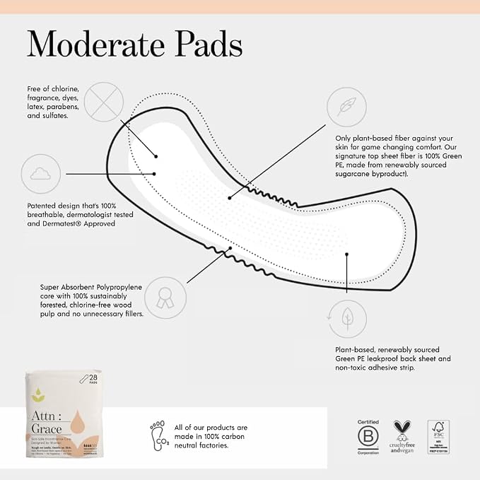 Attn: Grace Moderate Incontinence Pads for Women, 4-Pack (112 Pads Total / 28 per Pack) - Plant-Based, High Absorbency, Breathable - Incontinence Pads for Moderate Bladder Leaks & Sensitive Skin