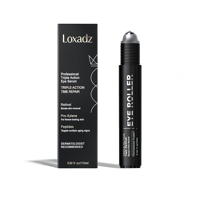 Loxadz Under Eye Brightener Serum with Cooling Rollerball, Zero Irritation Retinol Eye Cream for Puffy Bags, Fine Lines and Wrinkles, Hydrating Massage Roller for Dark Circles, 0.52 fl.oz