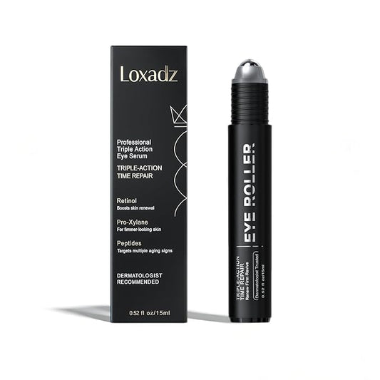 Loxadz Under Eye Brightener Serum with Cooling Rollerball, Zero Irritation Retinol Eye Cream for Puffy Bags, Fine Lines and Wrinkles, Hydrating Massage Roller for Dark Circles, 0.52 fl.oz