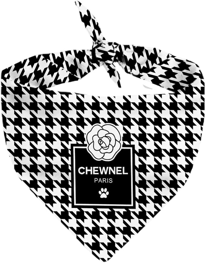 Dog Bandana Houndstooth Chewnel Designer Fashion Clothes Scarf Kerchief for Small Medium and Large Dogs, Funny Parody Gift for Girl or Boy Dog, Soft Durable Fabric, Adjustable Tie-on Style Triangle