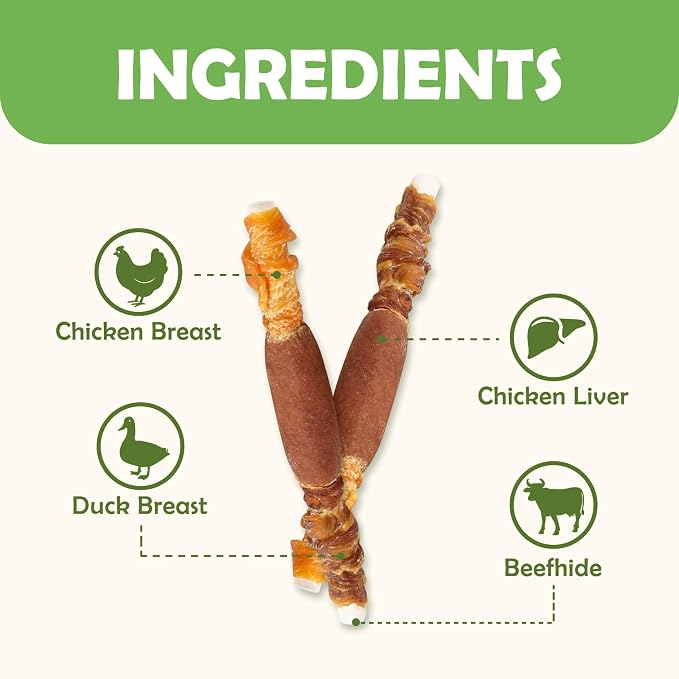 MON2SUN Dog Treats, 5 Inch Triple Flavor Wrapped Rawhide Sticks, 10.58 oz | 15 Count, Chicken Liver, Duck and Chicken Recipe, Long-Lasting Chew, Support Dental Health, for Small and Medium Dogs