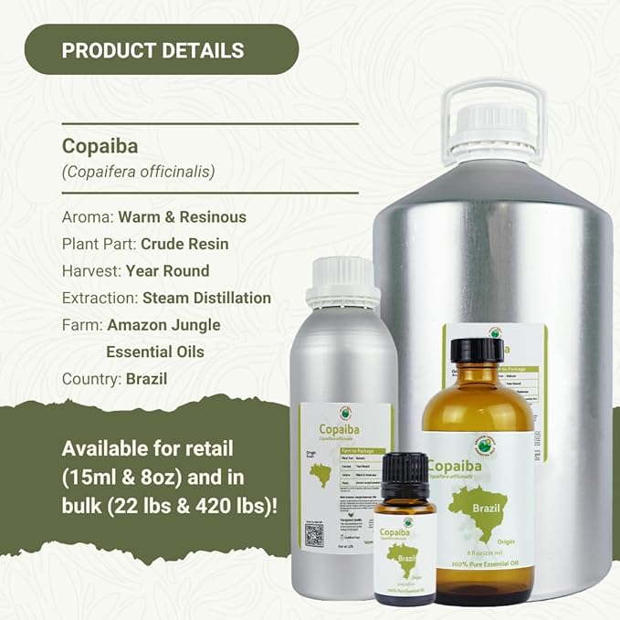 Copaiba Essential Oil - Direct from Amazon Jungle Essential Oils Brazil - Steam Distilled - Aceite de Copaiba for Aromatherapy, Massage, Diffuser, DIY Candle and Soap Making - 2lbs