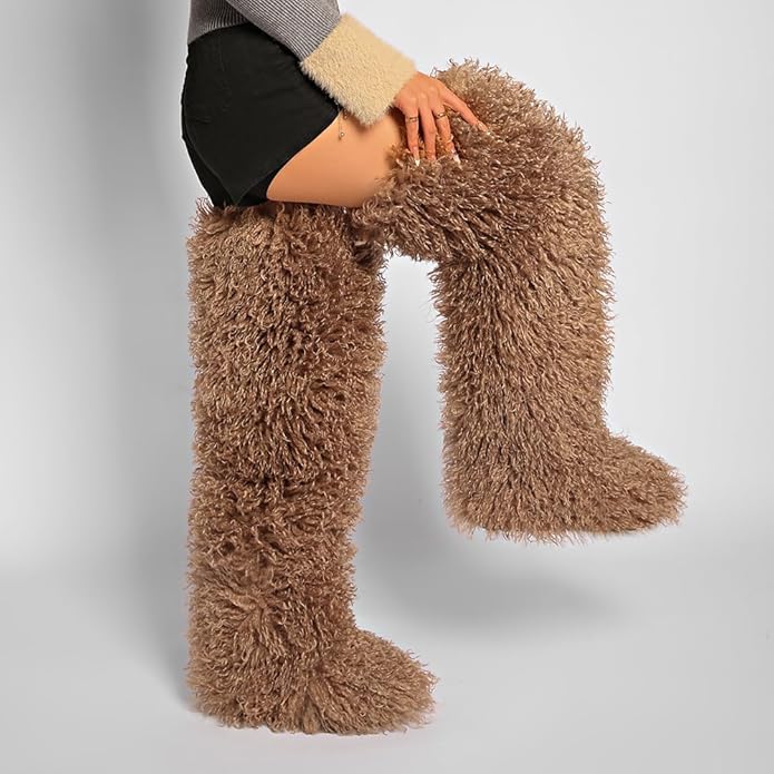 SWEETHEART BEAUTY Thigh High Shagy Teddy Fur Boots, 29 Inch Over the Knee Length Fluffy High Boots, Tall Furry Shoes For Women