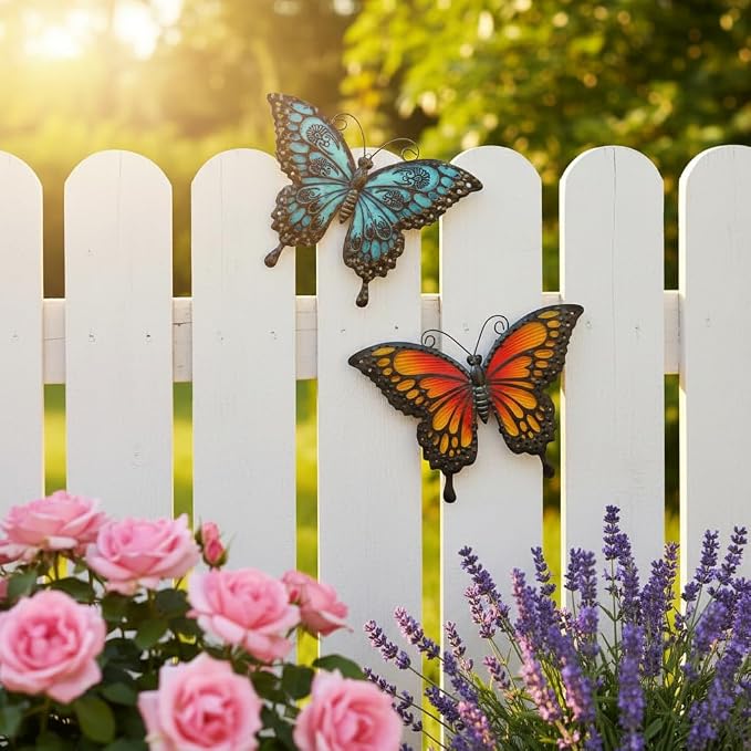 LIFFY Metal Butterfly Wall Decor,2Pack 12" Hanging Glass Butterfly Outdoor Decor,Home Orange Butterflies Decorative Ornaments Outside for Garden,Yard,Fence,Patio