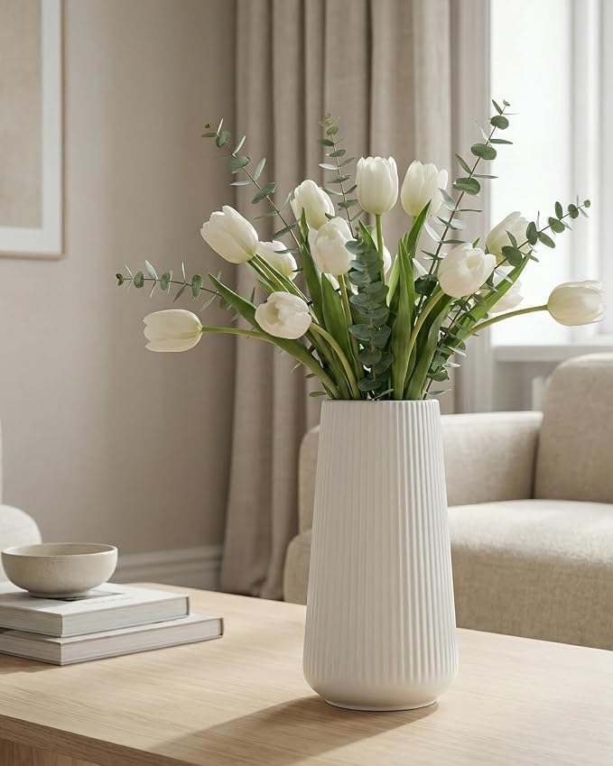 White Ceramic Vase, 8 Inch Flower Vases for Pampas Grass and Dried Flowers, Modern Vase for Living Room Table, Kitchen Shelf, Wedding Centerpiece Decor