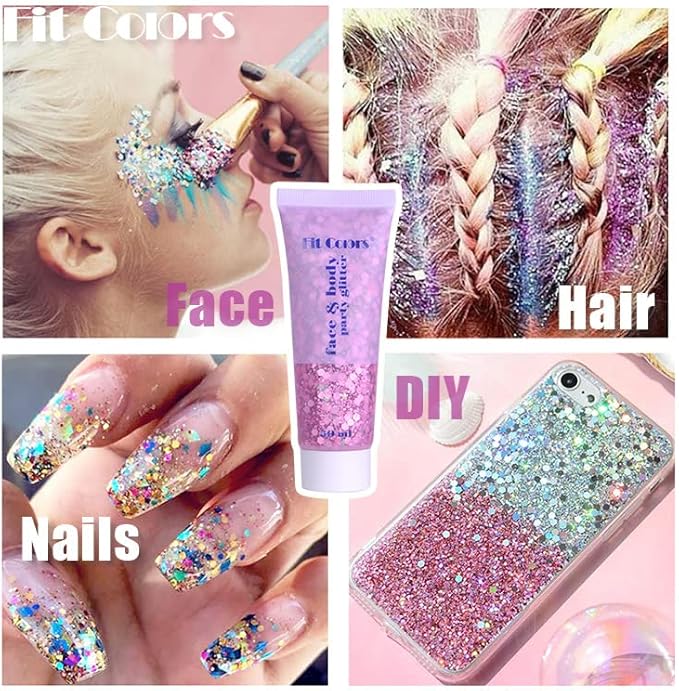 Body Glitter Face Glitter Gel: Singer Concerts Disco Festival Rave Accessories Face Glitter Makeup 150ml Chunky Sequins Mermaid Face Body Hair Glitter Gel (White+Silver+Pink+Blue+Purple)