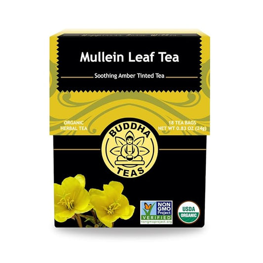 Buddha Teas - Mullein Leaf - Organic Herbal Tea - Single Ingredient - Warm Amber Hue - Mild, Earthy, Sweet Taste - Enjoy Hot or Cold - Caffeine Free - 100% Kosher & Non-GMO - 18 Tea Bags (Pack of 1)