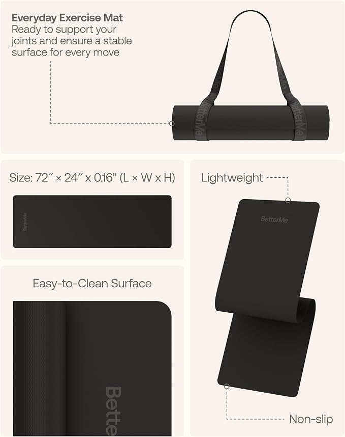 BetterMe Yoga Mat - Non-Slip Exercise Mat for Women - Cushioned Pilates Mat for Home Workouts, Stretching & Hot Yoga - Portable Fitness Mat with Strap