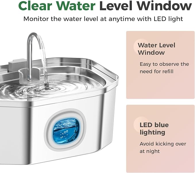 Cat Water Fountain, Apauk 108oz/3.2L Silent cat Water Fountain Stainless Steel, Cat Fountain, Automatic Pet Water Fountain,Dog Bowl, Controllable Blue Light - (6 Filters& 6 Sponges)