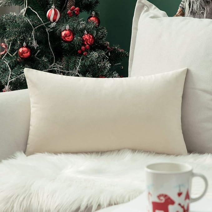 MIULEE 12x24 Inch Lumbar Velvet Throw Pillow Cover Set of 1 Cream White | Soft Luxury Decorative Throw Pillow Cover, Single Rectangle Cushion Case, Home Decor for Chair Couch Sofa Bedroom Car Bed