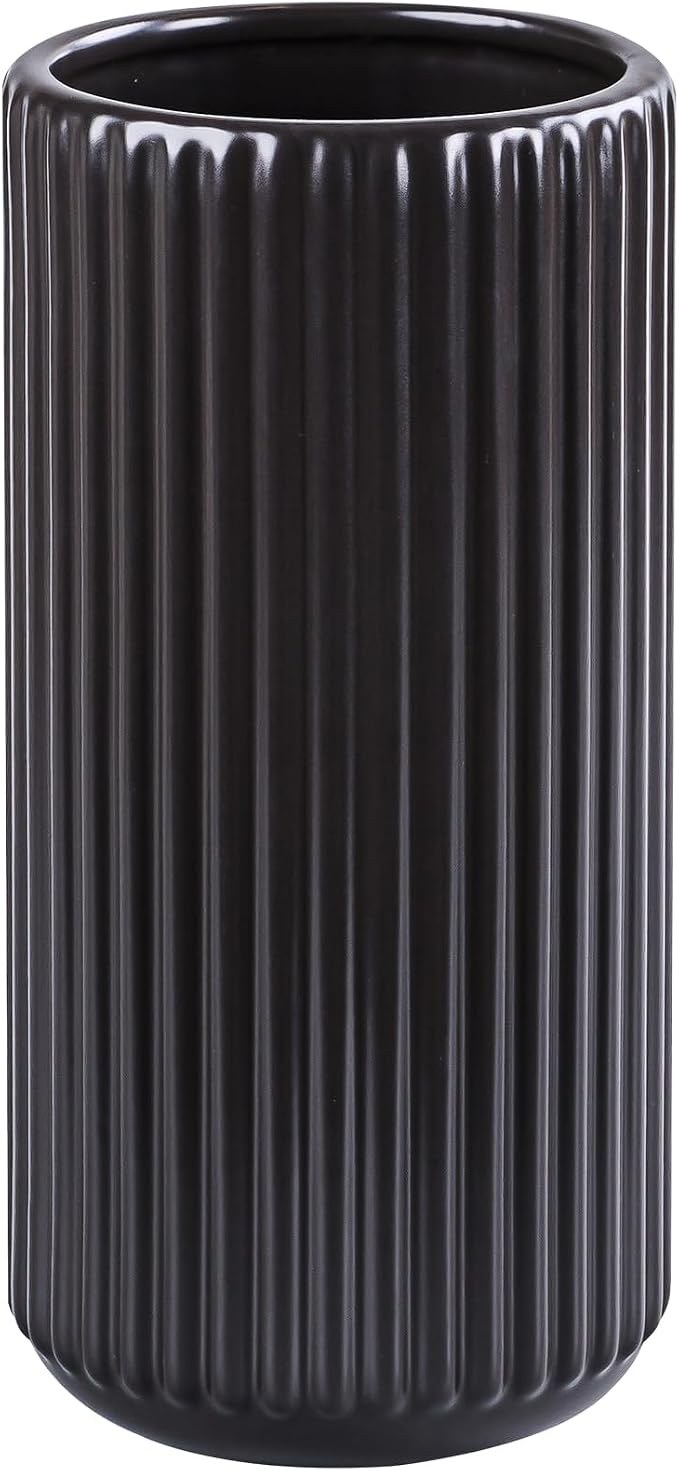 Black Ceramic Flower Vase for Pampas Grass, 8 inch Small Decorative Centerpiece Ribbed Vase for Dining Table, Office Desktop, Shelf Bookshelf, Mantel, Entryway, Bathroom, Countertop, Farmhouse, Gift