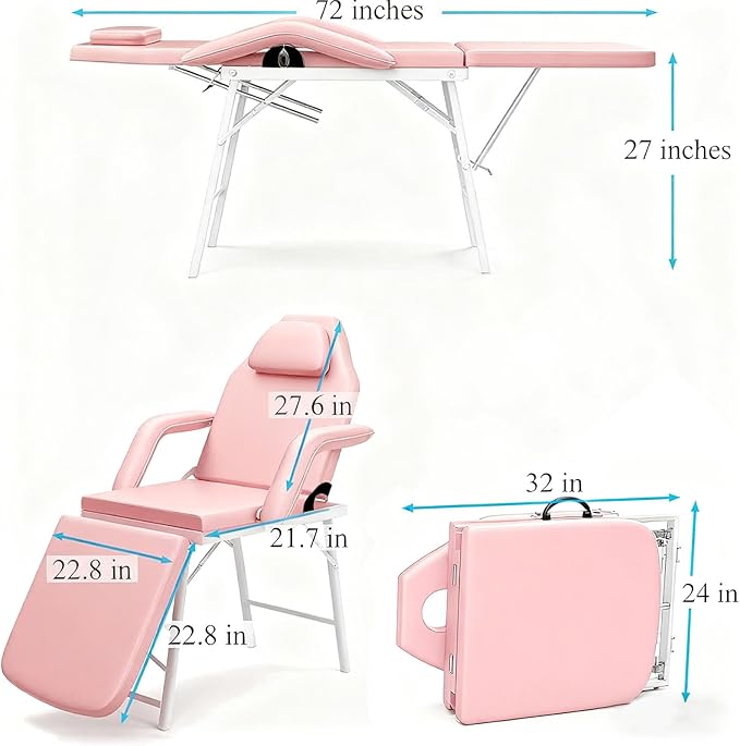 Portable Tattoo Chair, Adjustable Massage Facial Bed with Removable Headrest & Armrest, Foldable Spa Chair with Carry Bag, 73 Inch Esthetician Bed for Salon Beauty Barber Spa Tattoo (Pink)