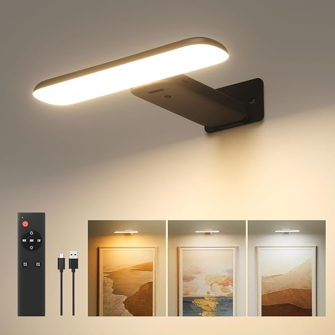 Picture Lights for Wall Rechargeable, Picture Frame Lights, Dartboard Light | FULEN LED Frame Lights for Wall, Paintings, Photo, Gallery, 3000K/4500K/6000K, Remote Control, No Wiring, White