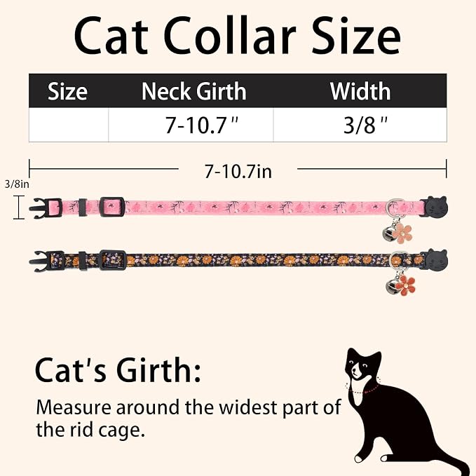 Cat Collar Breakaway, 2 Pack Cotton Kitten Collars with Bells and Removable Charms, Cute Flowers Shaped for Indoor Boy, Girl and Adult Cats