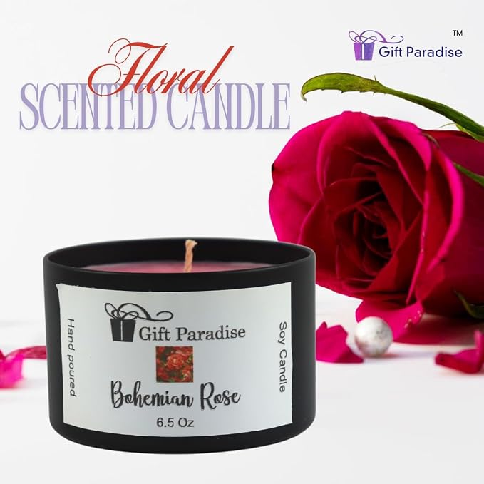 Bohemian Rose Soy Wax Candle in Black Metal Tin, 6.5 oz, Cotton Wick, Rose Garden, Floral Scented Candle