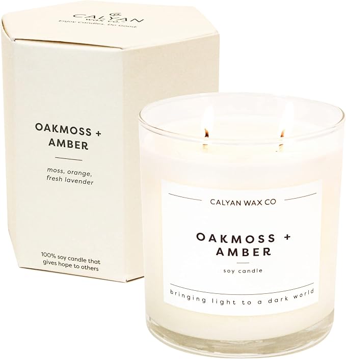Calyan Wax Co. Oakmoss & Amber 2 Wick Scented Candle - 37 Hour Burn - Luxury Clean Soy Wax Candles - Long Lasting Large Glass Jar Candle for Home - 8.8oz