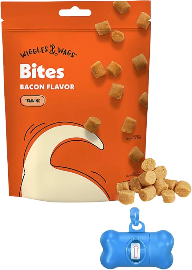 Wiggles & Wags Training Bites Bacon Flavor Dog Treats, 4 oz, with Bone Shaped Waste Bag Dispenser & Roll