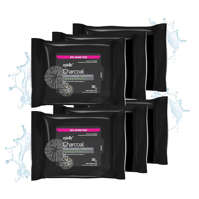 Epielle Charcoal Makeup Remover Wipes, Pore Cleaning Facial Cleanser Towelettes, Purifying & Detoxifying, Remove Dirt, Oil, Waterproof Mascara, Stocking Stuffers, 30 Count (Pack of 6)