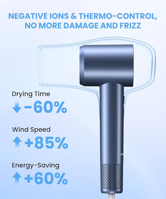 LAMPICK Hair Dryer, Ionic Blow Dryer, Professional High-Speed Hairdryer with 150,000 RPM Motor for Fast Drying, 5 Temps/3 Speeds Lightweight Hairdryer with Magnetic Nozzle for Home Travel Women Man
