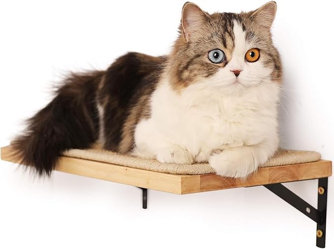 FUKUMARU Cat Wall Shelves, 17 x 10 Inch, Sisal Mat | Solid Rubber Wood Floating Shelf with Upgraded Installation, Kitten Wall Furniture for Sleeping, Playing and Scratching