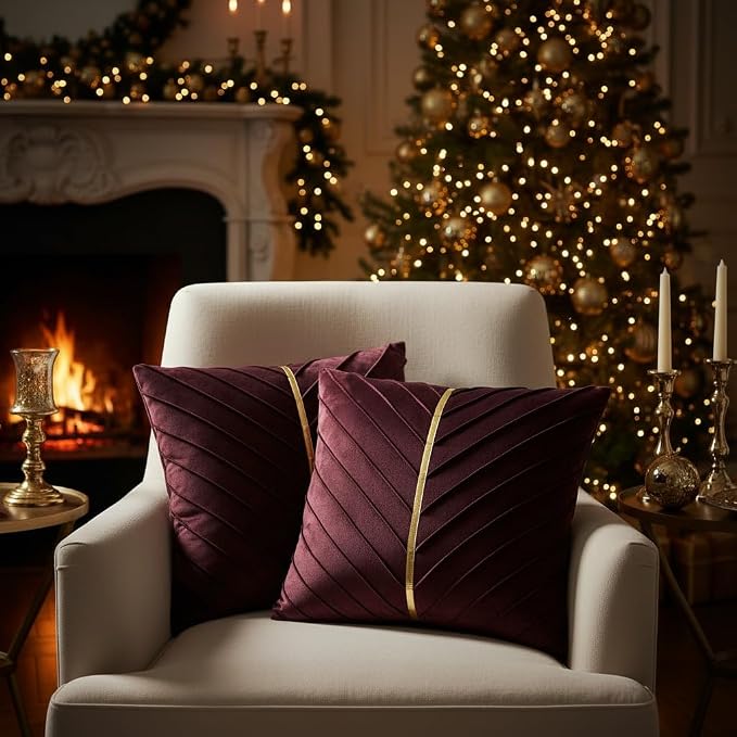 Velvet Throw Pillow Covers 18x18 inch Pack of 2 Gold Decor Burgundy | Soft Solid Pillow Covers,Modern Luxury Home Decor,for Couch Chair Sofa Bedroom Livingroom,Hidden Zipper,Ideal Gift,Easy Care