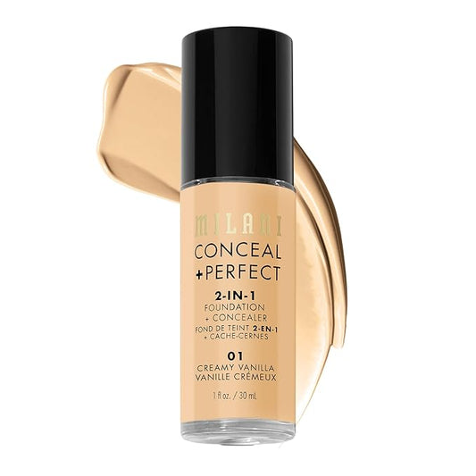 Milani Conceal + Perfect 2-in-1 Foundation + Concealer for a Flawless Complexion, Under Eye Corrector, Cover Redness and Imperfections, Waterproof and Sweatproof - Creamy Vanilla