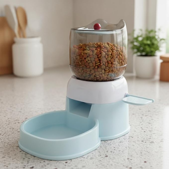 Automatic Pet Feeder Cat Dog Food Station with Bowl Manual Dispenser Side Push Lever Transparent Container Compact Stable Base Suitable for Apartments Kitchens Home Feeding Areas, Color to 2