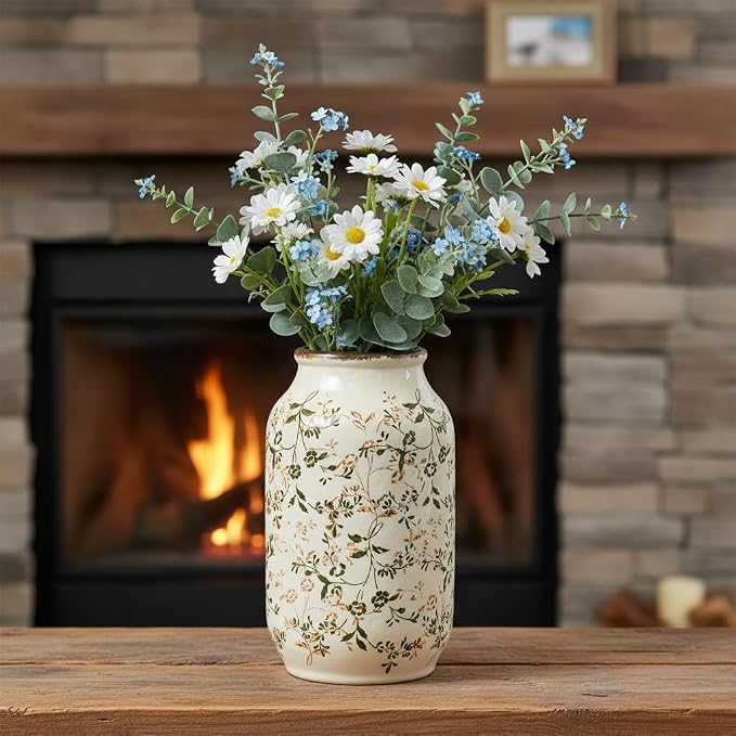 Green Vintage Vase, Chinoiserie Floral Vases for Flowers, Rustic Farmhouse Ceramic Vase for Home Decor, Living Room, Shelf, Office, Vintage Room Decor, 9 inch, White and Green