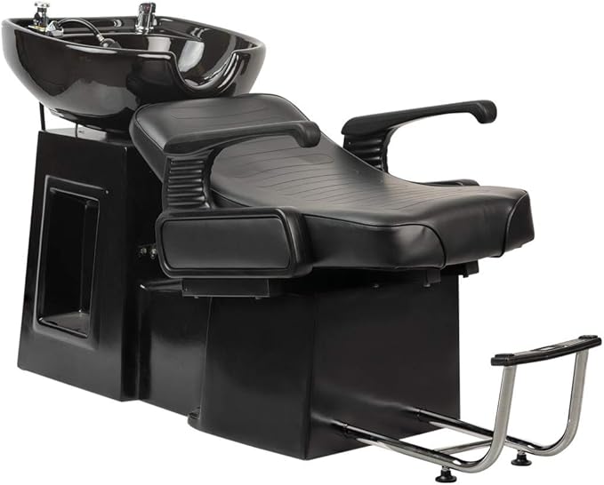 Buy-Rite Lounge Backwash Unit - Black Salon Shampoo Chair with Porcelain Sink, Adjustable Leg & Footrest, Ergonomic Headrest, Single Lever Faucet, Vacuum Breaker, TS-8012