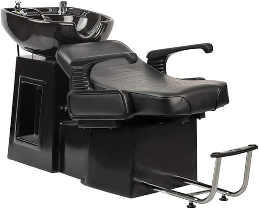 Buy-Rite Lounge Backwash Unit - Black Salon Shampoo Chair with Porcelain Sink, Adjustable Leg & Footrest, Ergonomic Headrest, Single Lever Faucet, Vacuum Breaker, TS-8012