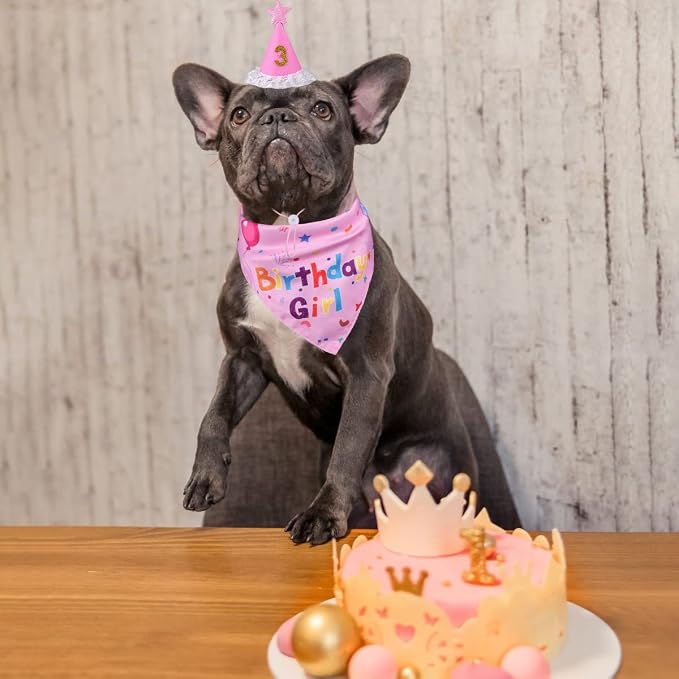 Dog Birthday Decorations,Dog Birthday Hat with Numbers,Dog Bandana | Dog Birthday Bandana for Large Medium Small,Pet Supplies (Pink), Dog Birthday Party, Soft, Breathable, Long-Lasting
