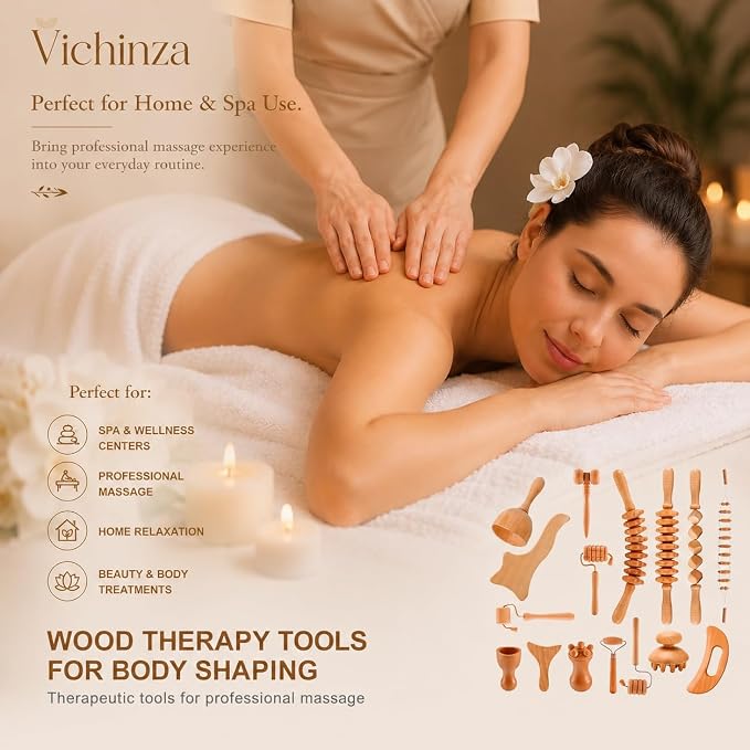 16Pcs Wood Therapy Massage Tools Set, Maderoterapia Massage Kit with Wooden Gua Sha Tools, Body Sculpting & Lymphatic Drainage Massager, Muscle Relaxation Roller for Face, Back, Legs & Full Body
