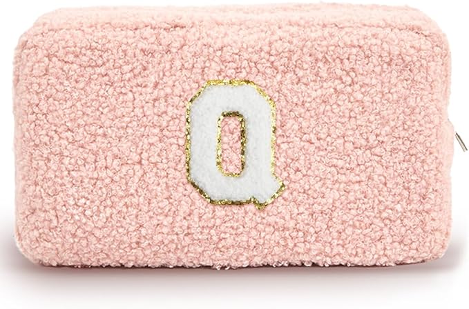 Cute Makeup Bag, Initial Cosmetic Bag, Fuzzy Makeup Bags for Women, Preppy Pink Makeup Pouch with Chenille Letter, Personalized Gifts for Women, Pink Q