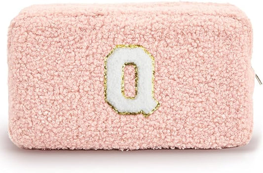 Cute Makeup Bag, Initial Cosmetic Bag, Fuzzy Makeup Bags for Women, Preppy Pink Makeup Pouch with Chenille Letter, Personalized Gifts for Women, Pink Q