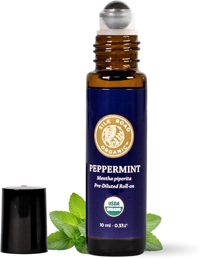 Silk Road Organic Peppermint Essential Oil Roll On, USDA Certified, for Morning Sickness, Motion Sickness & Nausea - 10 ml Aromatherapy Roller