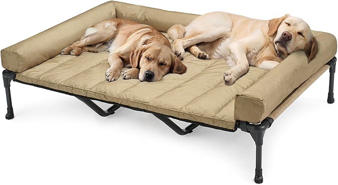 Veehoo Outdoor Elevated Dog Bed with Waterproof Bolster Cushion, Cooling | Raised Dog Bed with Removable & Washable Mat Topper, Breathable Mesh, Dog Couch Cot for Indoor Outdoor, 59", Large, Beige