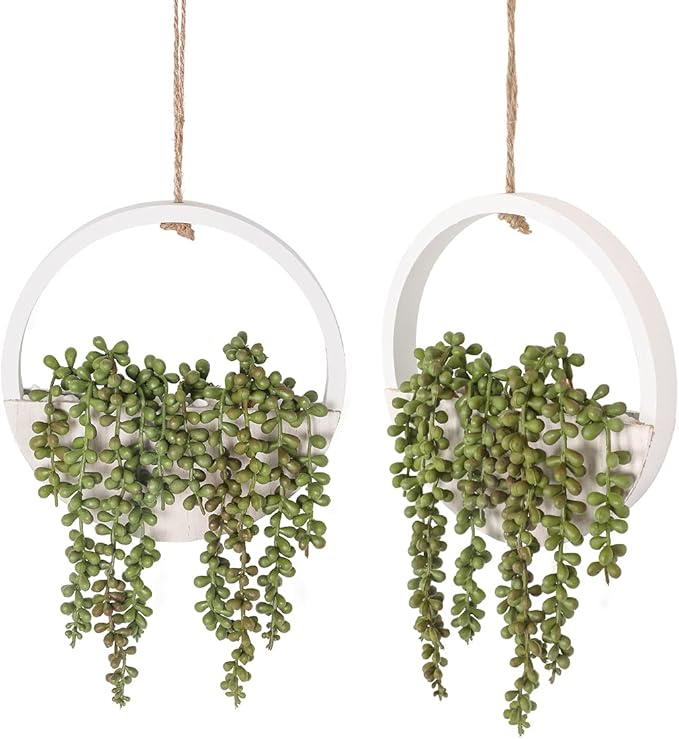 2pcs Artificial Succulents Hanging Plants 12.2'' Fake String of Pearls in Pot with 8.3'' Lanyard for Indoor Outdoor Wall Decor.