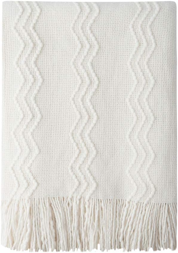 BOURINA Off White Throw Blanket 60x80Inch Boho Knit Soft Throw Sofa Blanket | Knitted Throw Blanket 60x80 Inches, Soft Lightweight Boho Weave Throw Decorative Couch Blanket for Living Room Bedroom Chair