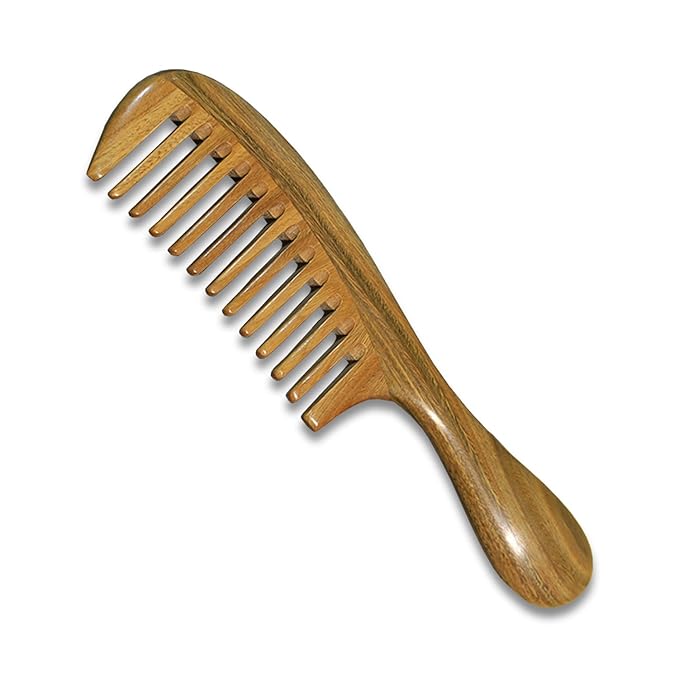 Yuutbiu Green Sandalwood Wide Tooth Hair Comb with Handle - Detangling Brush for Curly/Coily Hair, Split Ends Repair & Gentle Scalp Care (Anti-Static Wooden Design)
