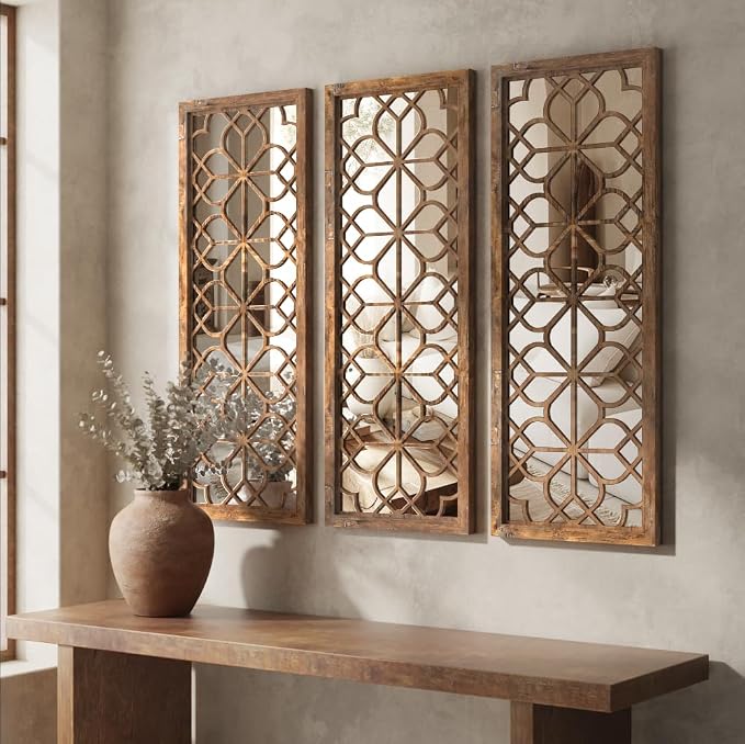 Set of 2 16x41.5 Inch Large Carved Floral Wood Frame Wall Mirrors, Shatterproof Boho Farmhouse Rustic Accent Mirrors for Living Room, Bedroom, Bathroom, Entryway & Home Wall Decor，Maroon
