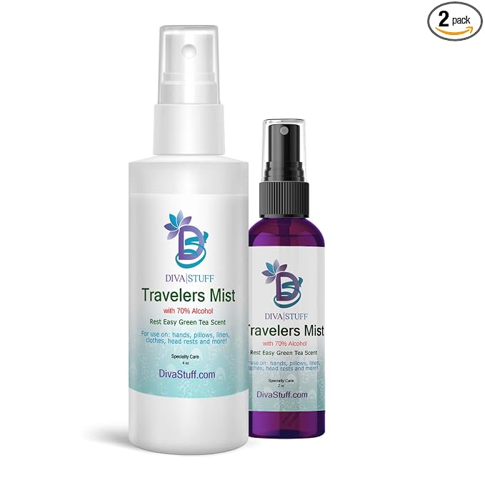 Diva Stuff Travelers Mist - Promotes Clear Skin & Protects from Acne-Causing Funk, Cleans Pillows & Sheets - Aromatherapy Spray for Relaxation and Sleep, Made in USA (Soothing Green Tea, Dual Pack)