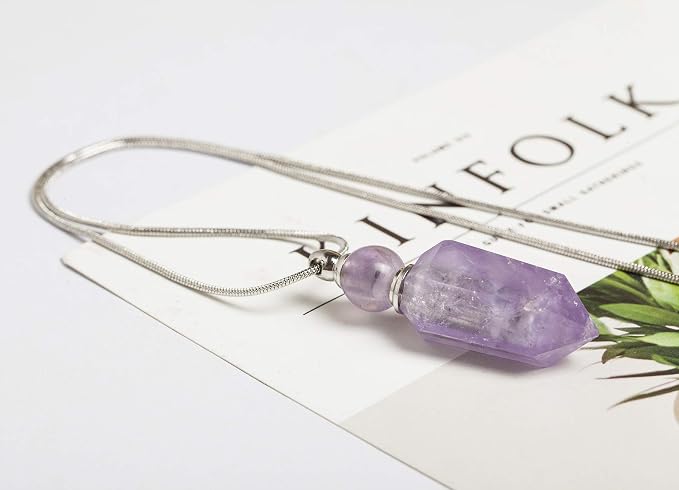 AMOYSTONE 1P Natural Amethyst Necklace Long Chain, Healing Oil Crystals Perfume Necklace Aromatherapy Bullet Shape Pendant Womens Gift