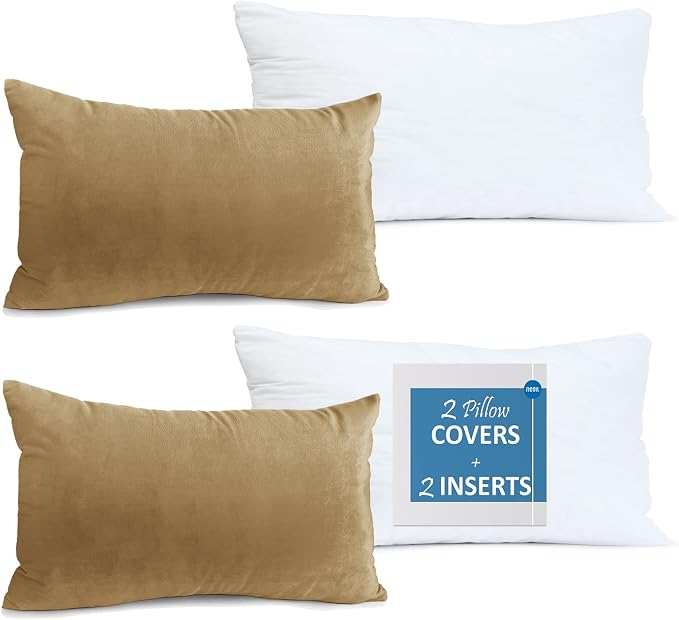 Throw Pillow Inserts Pack of 2 with Velvet Soft Solid Decorative Square Throw Pillow Covers Set for Sofa Couch Car Bedroom, 12X20 Throw Pillows Inserts with 12x18 Washable Cushion Covers, Light Brown